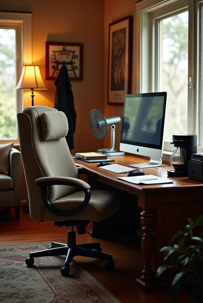 A padded chair with a computer screen propped up, a place to put papers, back massager, compartment for bag, fan on top of the person, a coat rack, a coffee maker, printer