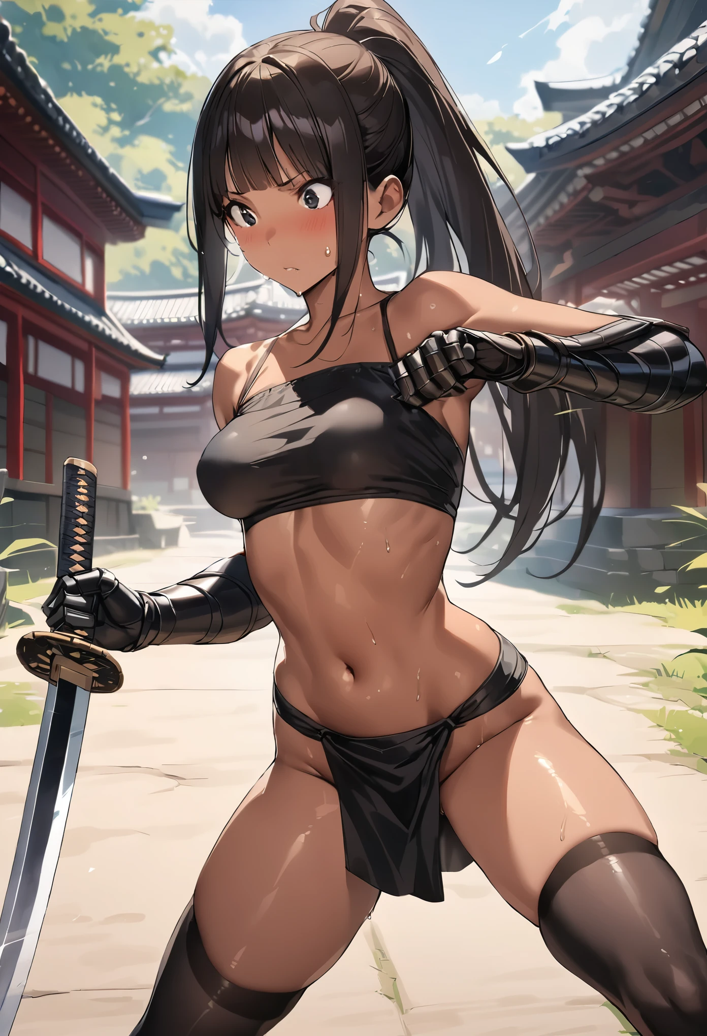 Action Scenes、((masterpiece,best quality anime,Highest quality:1.3)),realistic,cowboy shot,(25 year old beauty),Female ninja、1woman,独奏,((very small head:1.4)),((very long body:1.3)),black hair,bangs,(long ponytail hair),gorgeous big eyes,black eyes,,((tan skin:1.4)),((slender body:1.3,skinny)),medium breasts,gleaming skin,shiny skin,((black loincloth:1.3,Black tube top shirt、navel、Black leather gauntlets,black_thighhighs)),Holding a Japanese sword、sweat:1.3, fighting stance、Outdoor、sunny、Domestic、Temple、