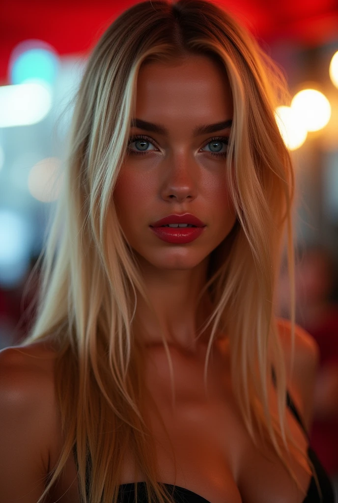 (photorealism:1.2), beautiful woman, long blonde straight hair, smiling, 32C breast size, blue eyes, heavy sexy makeup with sexy lipstick, eyes contact, flirty