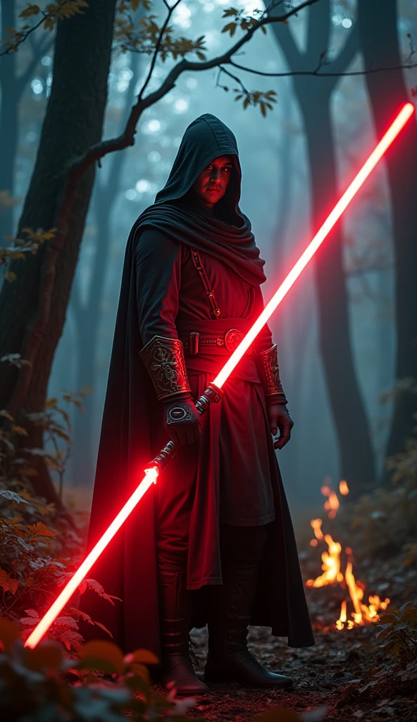 (masterpiece:1.2), (Highest quality:1.2), 8k, High resolution, Super detailed, ((Realistic)), Professional Light, Cinema Lighting, Fashion Photography, Ambient Lighting, background, Dark forest, darkness, fire, Spectacular photos, fire, stage, Thief in cloth armor, He holds a red light saber. 