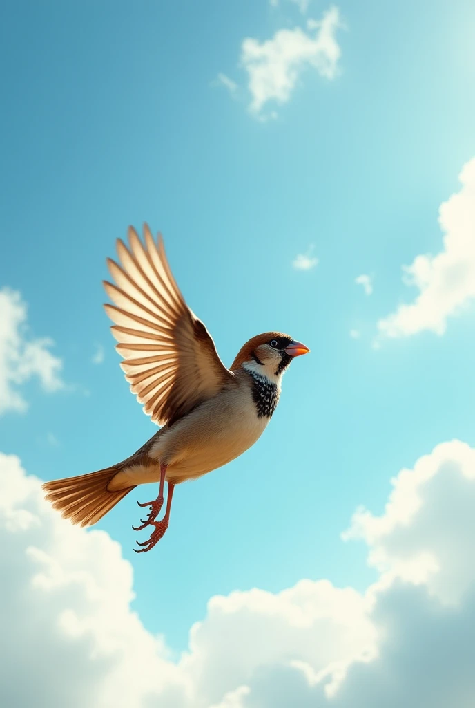A sparrow flapping its wings mid-flight against a backdrop of a serene blue sky with a few fluffy white clouds.