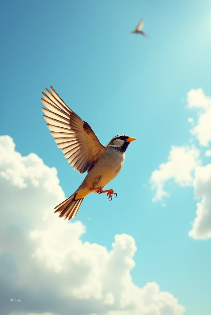 A sparrow flapping its wings mid-flight against a backdrop of a serene blue sky with a few fluffy white clouds.