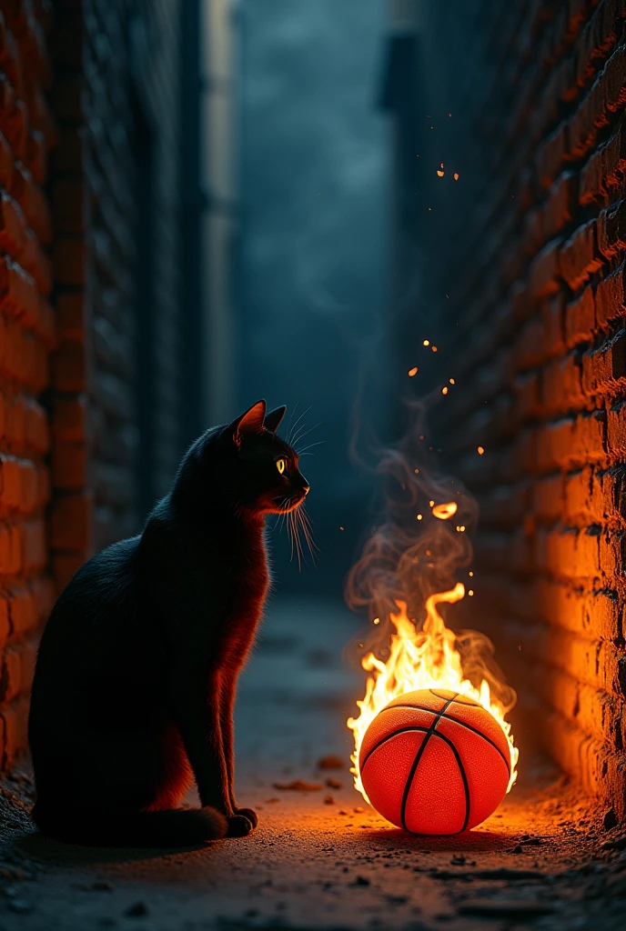 A solitary cat watching a basketball engulfed in flames in the darkness