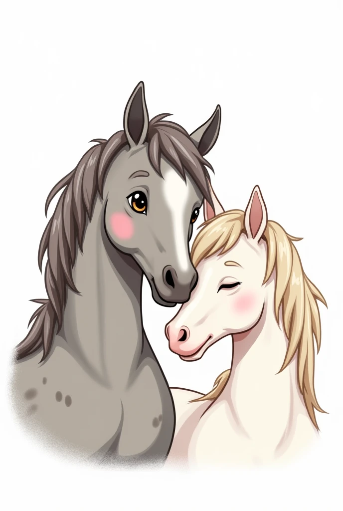 Petites illustration sur fond blanc. Un cheval gris pomelé gris-marron sur tout le corps et la tête, crins gris-marron clair, yeux marron, tâche rose sur le bout du nez à gauche.
Avec un autre cheval blanc, ils se font de l’allo-grooming