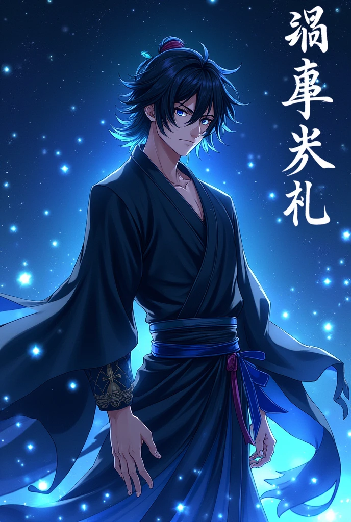 Please generate a Novel cover for me, with a MALE human character warrior style with black hair and a COBALT BLUE streak at the end of the hair and cobalt blue eyes, with a blue aura emanating from his body, wearing black clothes in Japanese ANIME style, with a starry sky and the novel's name written on the image (The Eminent Divine Spirit).