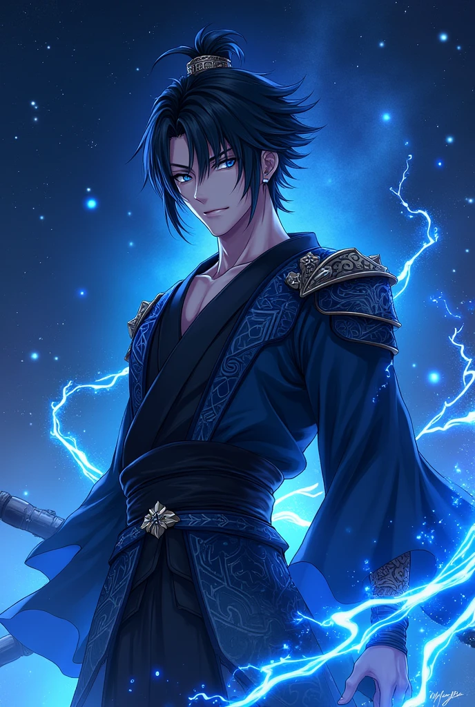 Please generate a Novel cover for me, with a MALE human character warrior style with black hair and a COBALT BLUE streak at the end of the hair and cobalt blue eyes, with a blue aura emanating from his body, wearing black clothes in Japanese ANIME style, with a starry sky and the novel's name written on the image (The Eminent Divine Spirit).