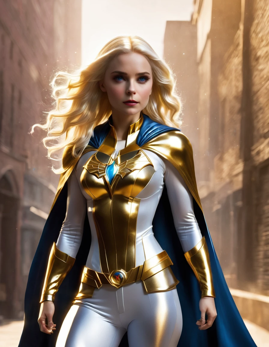 1girl, Solo, Very Long Hair, Blonde Hair, Cape, Superhero Suit, The Boys TV Show,
Seraphina has a striking resemblance to Homelander, but with some differences that reflect her unique personality. Her blonde hair has an almost ethereal glow, and her blue eyes shimmer with a slightly brighter, more radiant hue. She stands at a similar height as her brother, around 5’10”, with a powerful yet lean physique. Her suit is primarily white and gold, symbolizing purity and light, with a long, flowing cape that subtly resembles angelic wings.