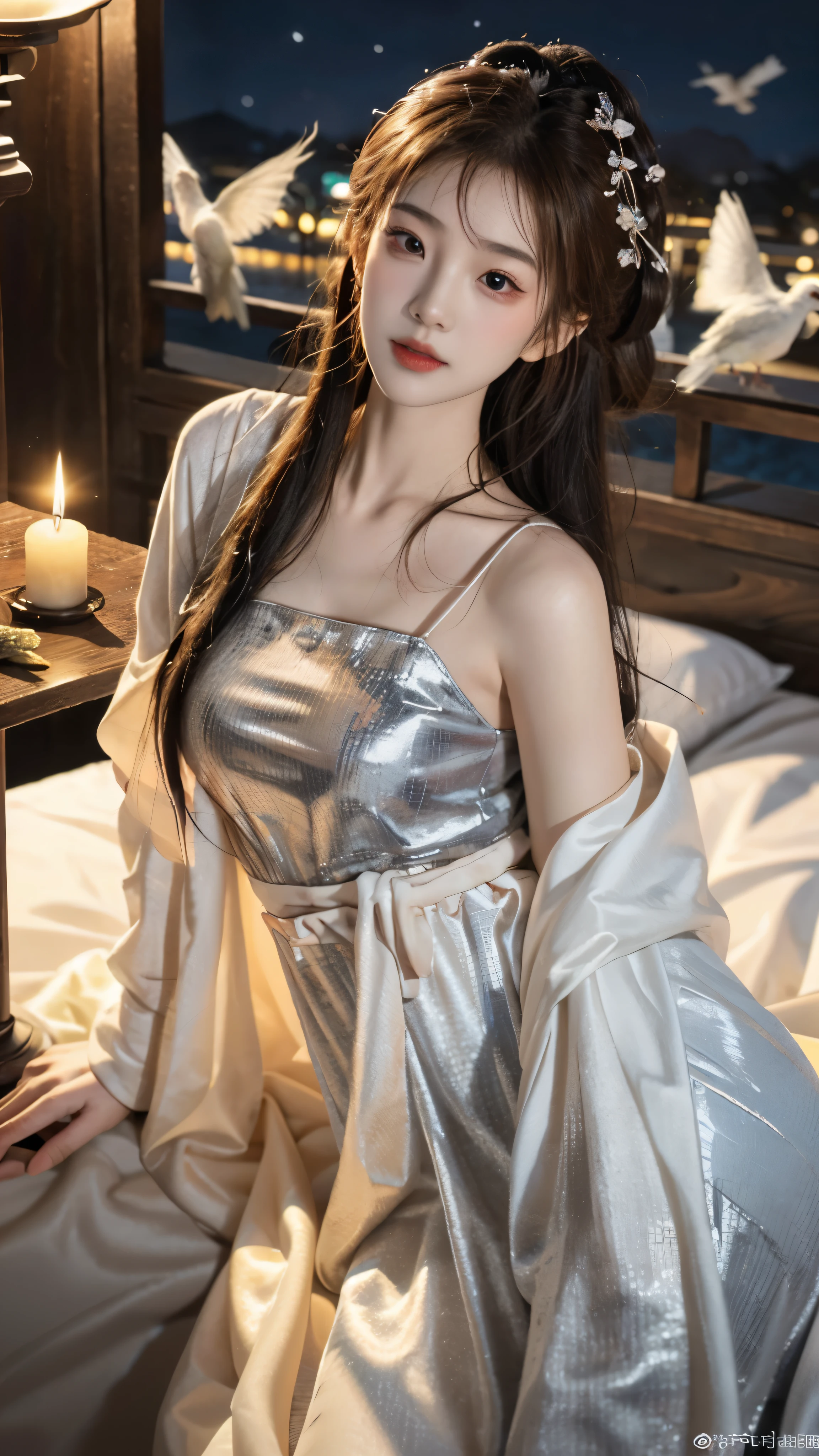 1 Girl, Lying in bed, ((bird&#39;Point of view shooting)), ((Cowboy shooting)), Show your exquisite figure and beautiful curves, slim, Large Breasts, cleveage, Sexy legs, big eyes, Elegant Posture, Long hair, Brown hair, curls, Big Wave, night, Candlelight, masterpiece, best quality, correct, 解剖学correct, Official Art, complicated, detail的脸, detail, lifelike, Very detailed, Official Art