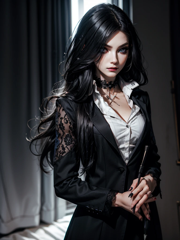 emo_hairstyle, ((tight black suit)), (black lace blazer), black tie, ((long hair)), ((straight hair)), (((black hair))), side swept bangs, white skin, pale, white, (blue eyes), tired expression, choker, ((dark makeup, mascara, eyeshadow)), multiple piercings, best quality, 8k, dark laboratory, dim lighting, white shirt, erotic
