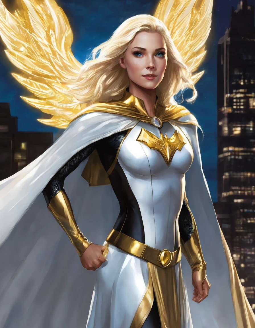 1girl, Solo, Very Long Hair, Blonde Hair, Cape, Superhero Suit, The Boys TV Show,
Seraphina has a striking resemblance to Homelander, but with some differences that reflect her unique personality. Her blonde hair has an almost ethereal glow, and her blue eyes shimmer with a slightly brighter, more radiant hue. She stands at a similar height as her brother, around 5’10”, with a powerful yet lean physique. Her suit is primarily white and gold, symbolizing purity and light, with a long, flowing cape that subtly resembles angelic wings.