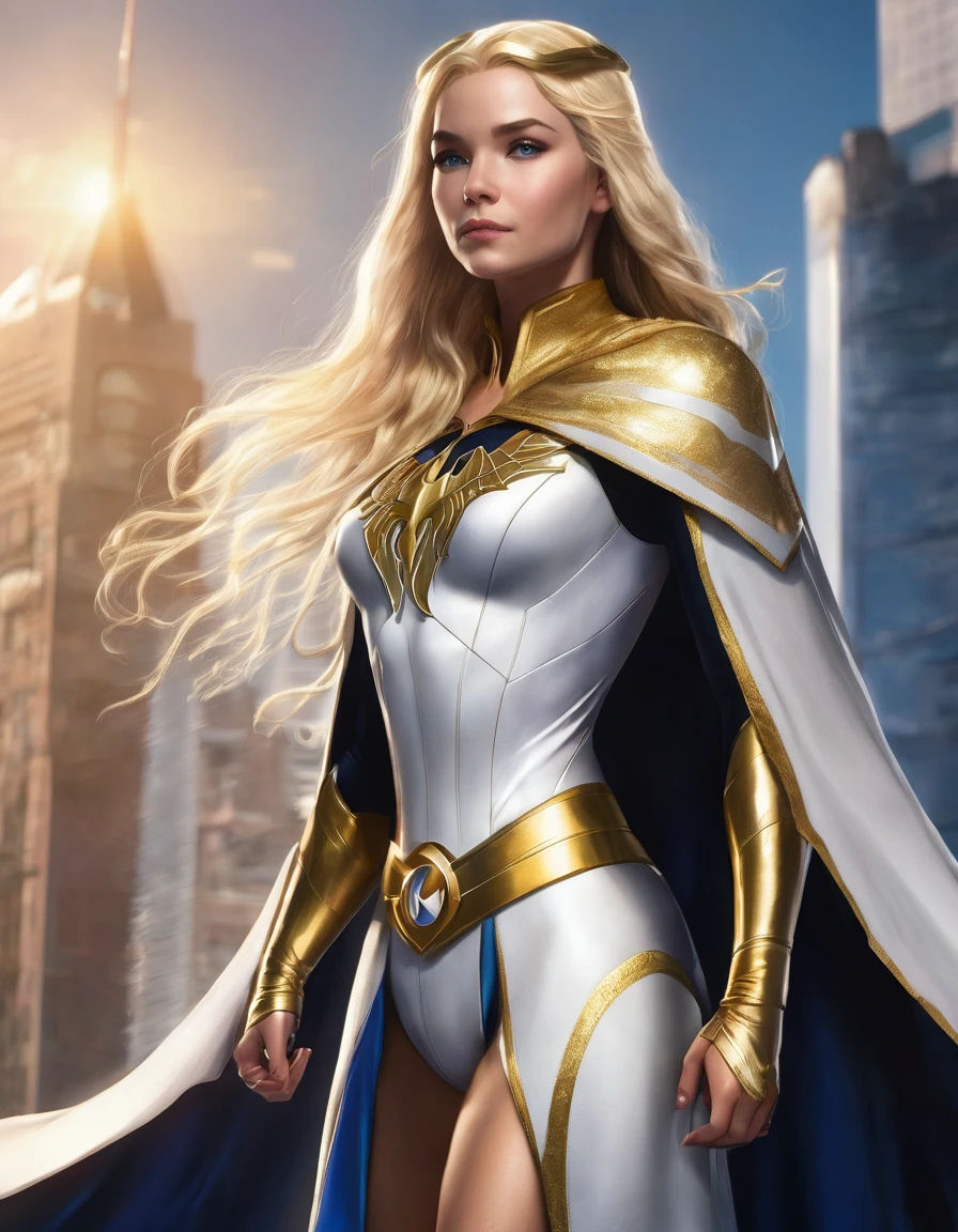 1girl, Solo, Very Long Hair, Blonde Hair, Cape, Superhero Suit, The Boys TV Show,
Seraphina has a striking resemblance to Homelander, but with some differences that reflect her unique personality. Her blonde hair has an almost ethereal glow, and her blue eyes shimmer with a slightly brighter, more radiant hue. She stands at a similar height as her brother, around 5’10”, with a powerful yet lean physique. Her suit is primarily white and gold, symbolizing purity and light, with a long, flowing cape that subtly resembles angelic wings.