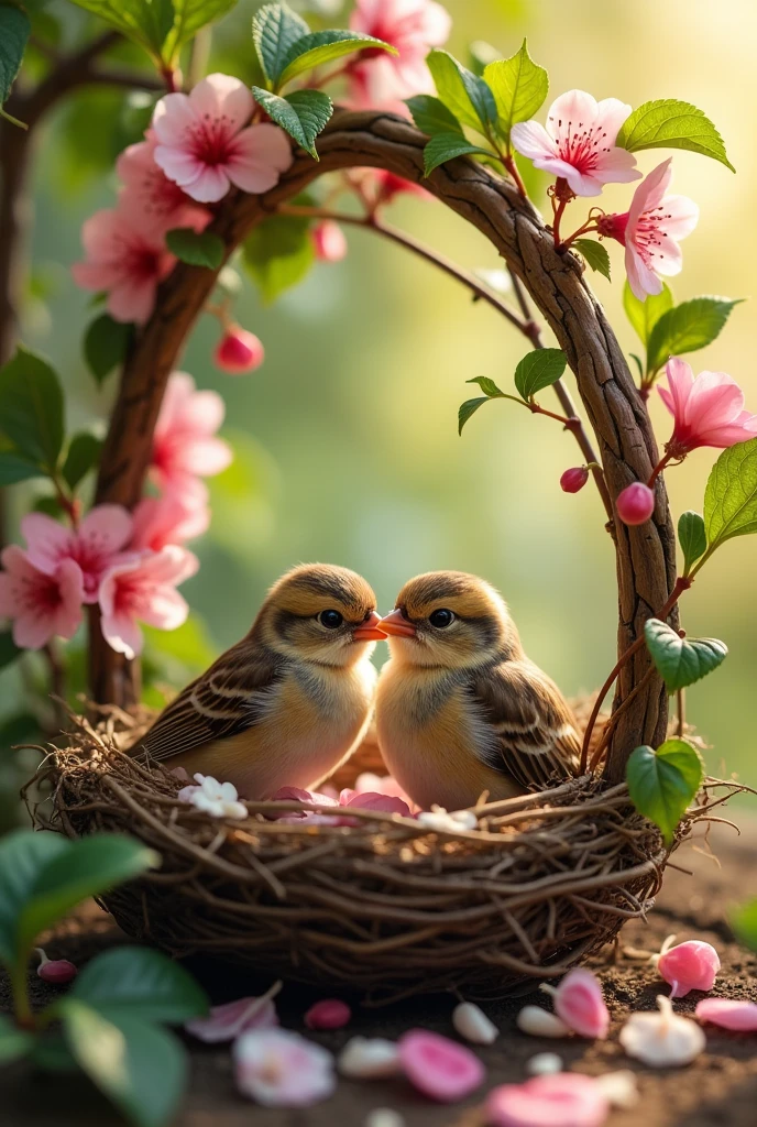 "A pair of sparrows nestled together in a cozy nest built into a flowering vine on a trellis."