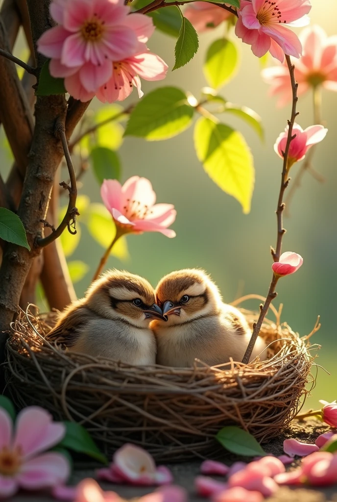 "A pair of sparrows nestled together in a cozy nest built into a flowering vine on a trellis."