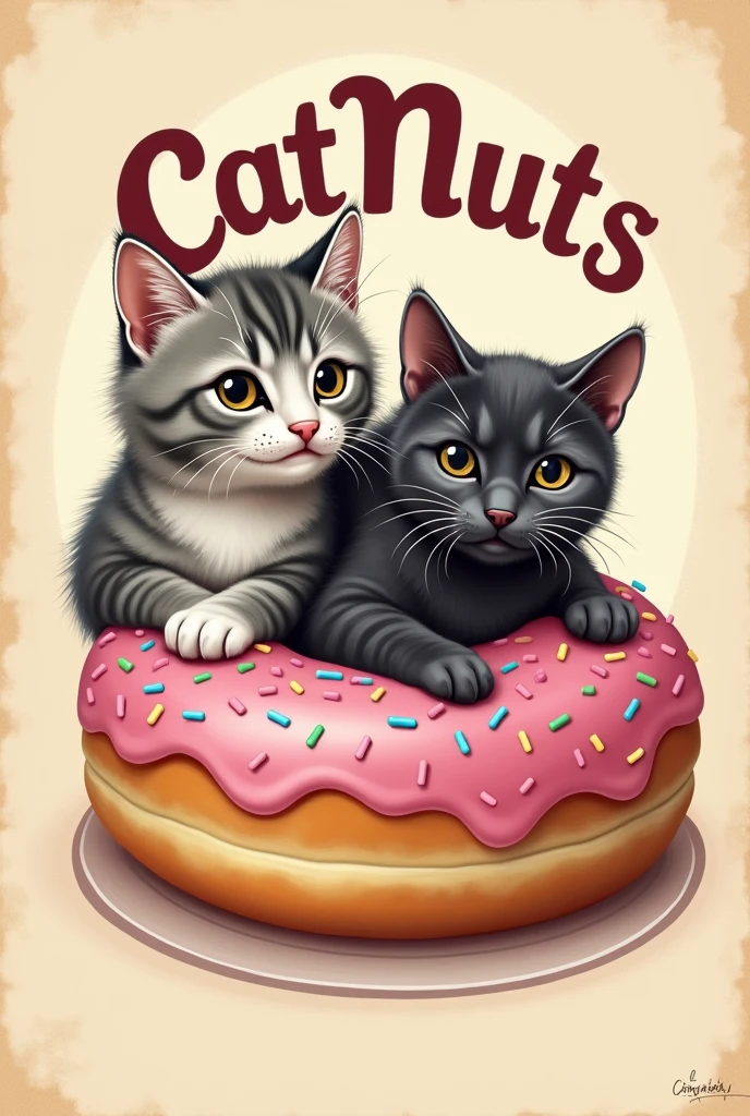 
Create a vintage logo with the name CatNuts below a donut and a gray and white angora cat and another dark gray cat with black lines on top of the vintage donut 