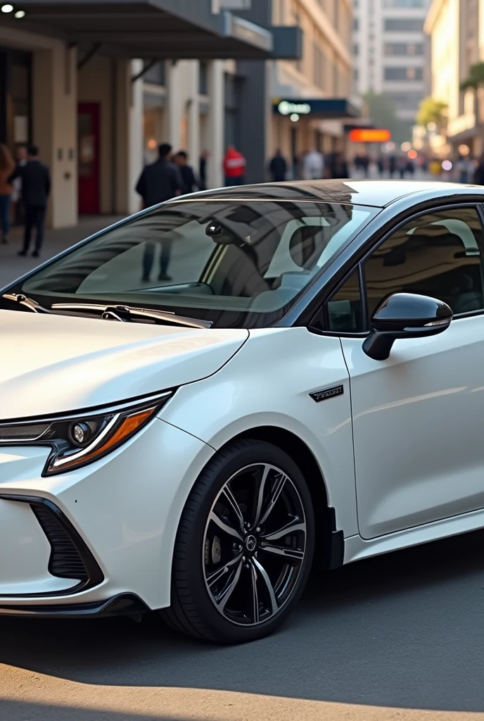 2024 White Corolla xei car, full side view with black roof, black rearview mirror, black inferior lateral friso, black door handle
