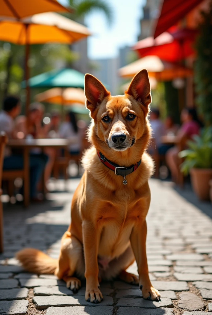 Medium-sized dog with caramel-colored fur, sitting attentively in front of a restaurant in Brazil, watching people eat., (Artwork:1.2), best quality, high qualiy, high resolution, (hyper detailled), detailed back ground, commemorative photograph,