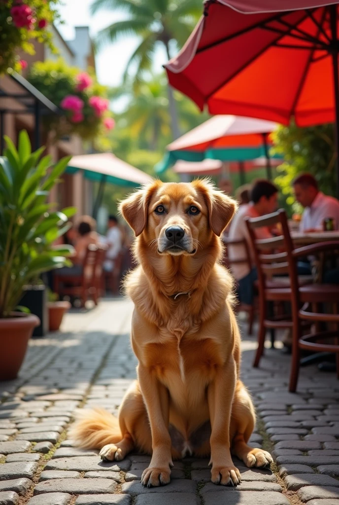 Medium-sized dog with caramel-colored fur, sitting attentively in front of a restaurant in Brazil, watching people eat., (Artwork:1.2), best quality, high qualiy, high resolution, (hyper detailled), detailed back ground, commemorative photograph,