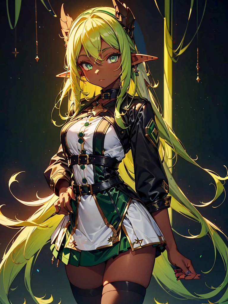 Black background with spotlight,　whole body. (Elf Girl:1.3)((Dark Skin:1.5,Golden eyes:1.4,Bright green hair:1.3,Gal Style,big ,)),, (Long blonde hair:1.2), (Bright green eyes:1.3), White jacket,Blue mini skirt