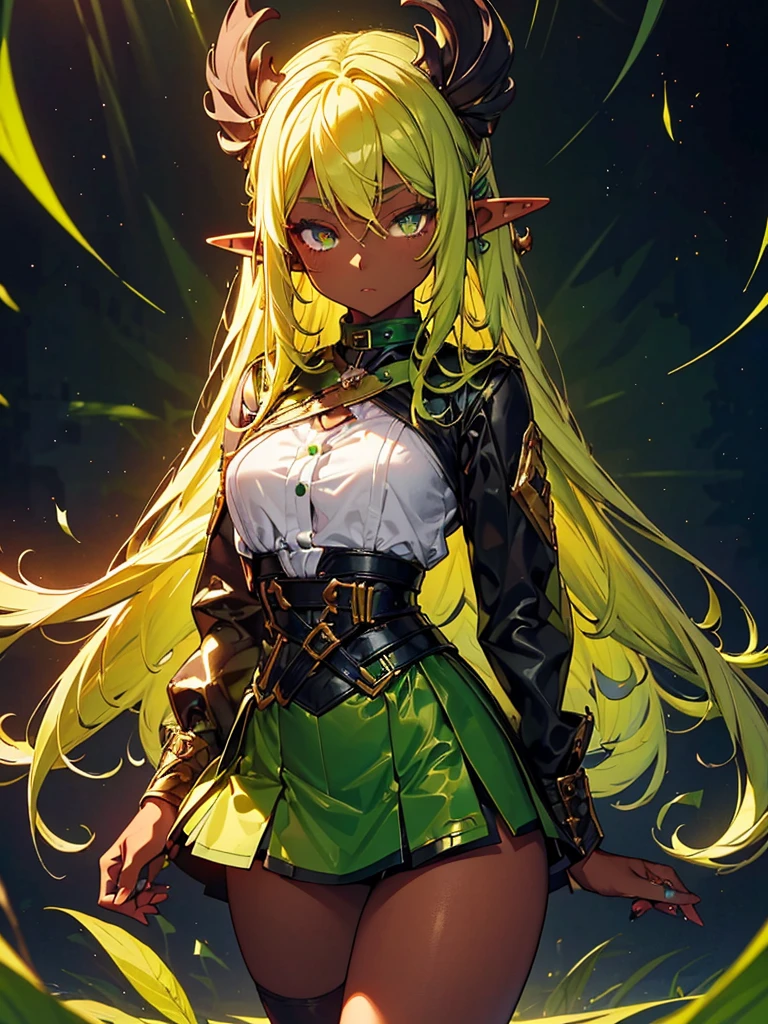 Black background with spotlight, whole body. (Elf Girl:1.3)((Dark Skin:1.5,Golden eyes:1.4,Bright green hair:1.3,Gal Style,big ,)),, (Long blonde hair:1.2), (Bright green eyes:1.3), White jacket,Blue mini skirt