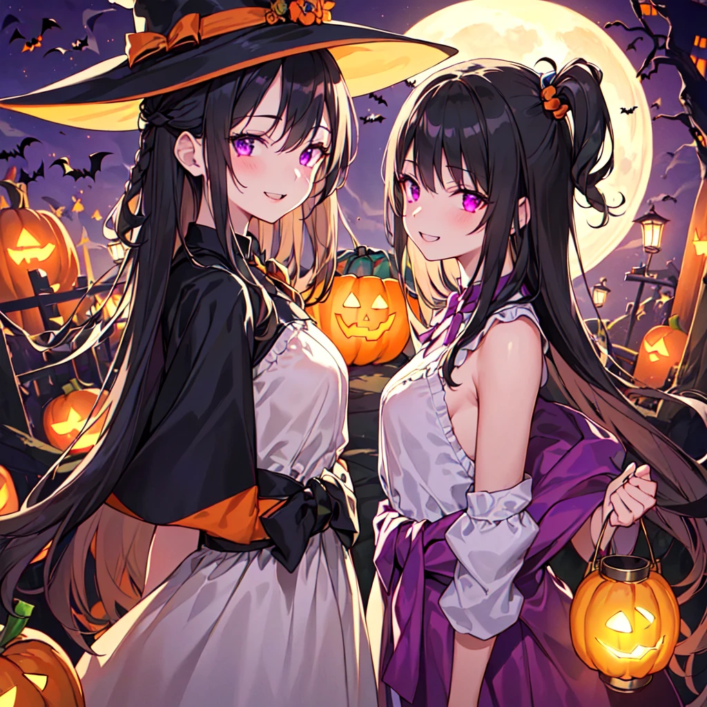masterpiece, best quality, high quality, extremely detailed, very delicate and beautiful, (3female 18 years old Three:1.5), (long black hair up to waist with two side up:1.5), bangs to eyebrows, eyes Eyebrows glossy, (eye color magenta:1.3), 6.5 head height, (Halloween witch fashion:1.3), knee socks, lace, ruffles, (standing), (smiling), (dynamic pose), (background Halloween town:1.3), ( Lantern:1.3), (lots of Halloween candy), (moonlit night), (upper body:1.3)