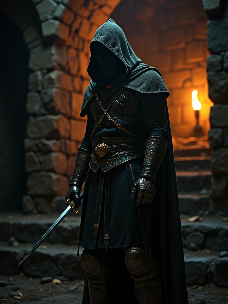 (masterpiece:1.2), (best quality:1.2), 8k, HDR, ultra detailed, ((photorealistic)), professional light, cinematic lighting, fashion photography, ambient lighting, background, a dark medieval dungeon, Darkness, epiCPhoto, fire, stairs, A thief in cloth armor, holding a golden dagger in both hands.