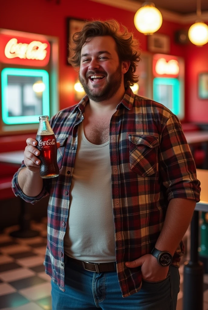 Create a fat brunette man with a Coca-Cola.