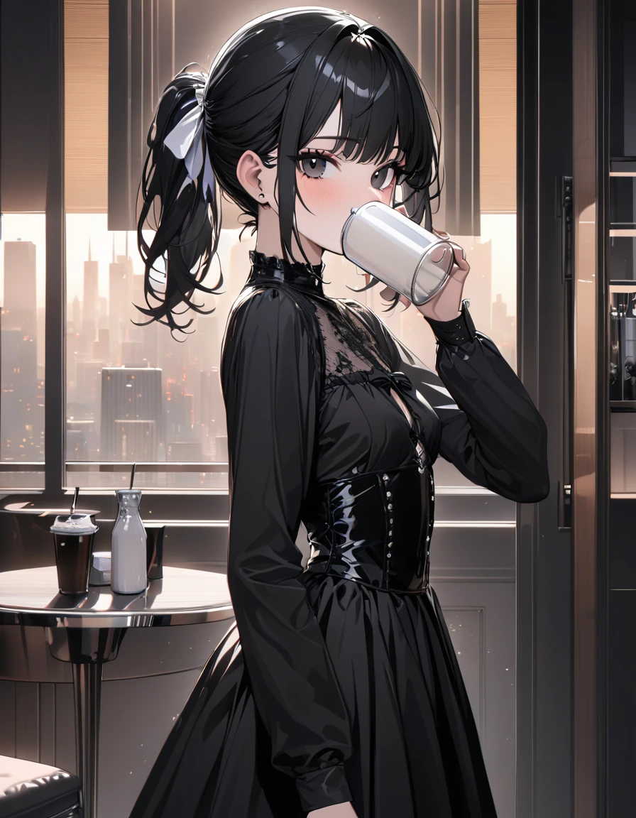(masterpiece)、(absurdres)、(ultra detailed)、(8k),solo lady,shiny black hair,shiny dark eyes,looking viewer,short highponytail,(1white ribbon;1.1),(small breast:0.9),(Gothic dress:1.1),(Long sleeve),Cup covering mouth,Drinking iced milk、potrait shot,Modern interior,Midnight cityscape、side view,