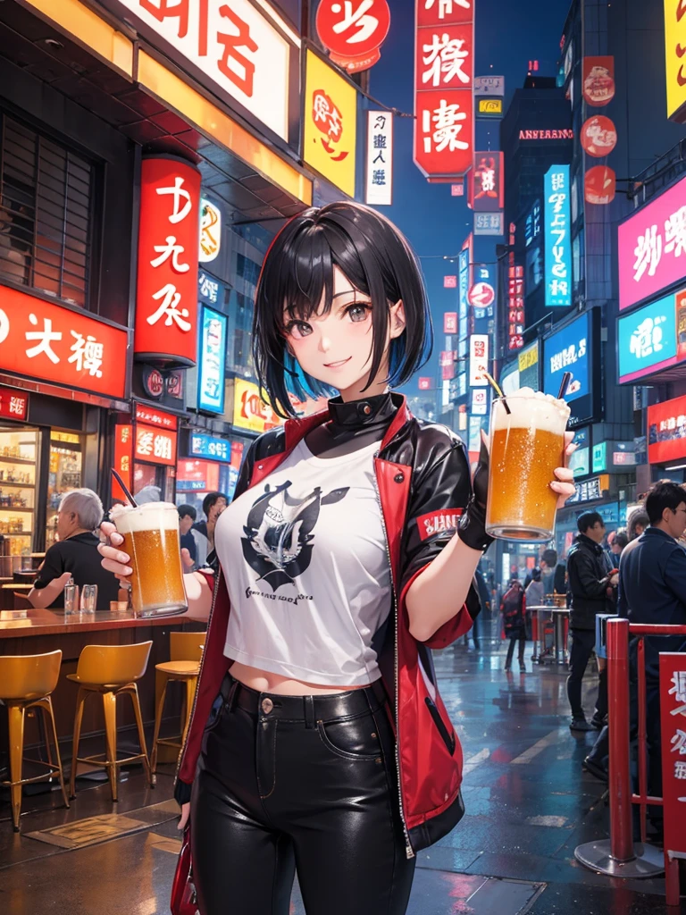 High resolution,Perfect Anatomy,Accurate anatomy,1 person ,Trending Hair,Trending Hair color,Trendy T-shirt

In the futuristic city of Tokyo, A bright, sunny summer day at an open-air cafe, Cheerfully holding a frosty mug of draft beer in both hands. she is smiling brightly, Her face shining with happiness. The city's neon lights and the izakaya's vibrant signboards are reflected in the glass windows. The girl has short black hair, Properly styled, and、Sporting a stylish jacket and shimmering accessories、A casual outfit with a touch of futuristic elements. The atmosphere around her is warm, Vibrant, and満ち溢れる喜び.