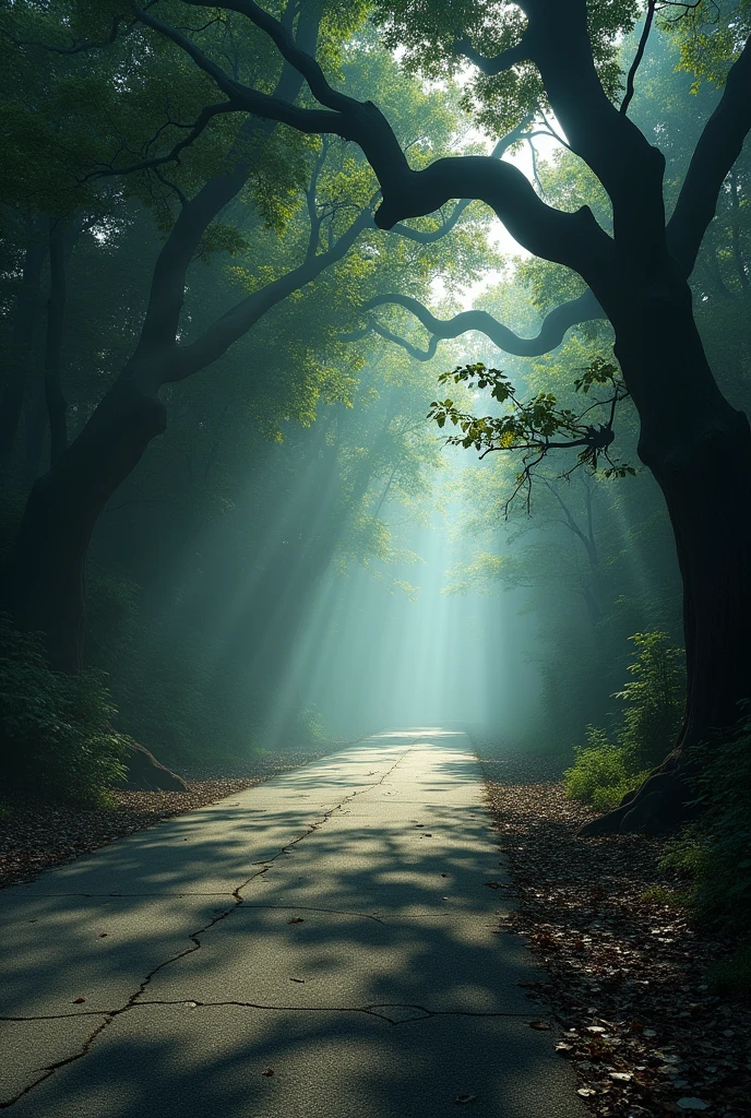 A spooky forest in the middle of the road during the day