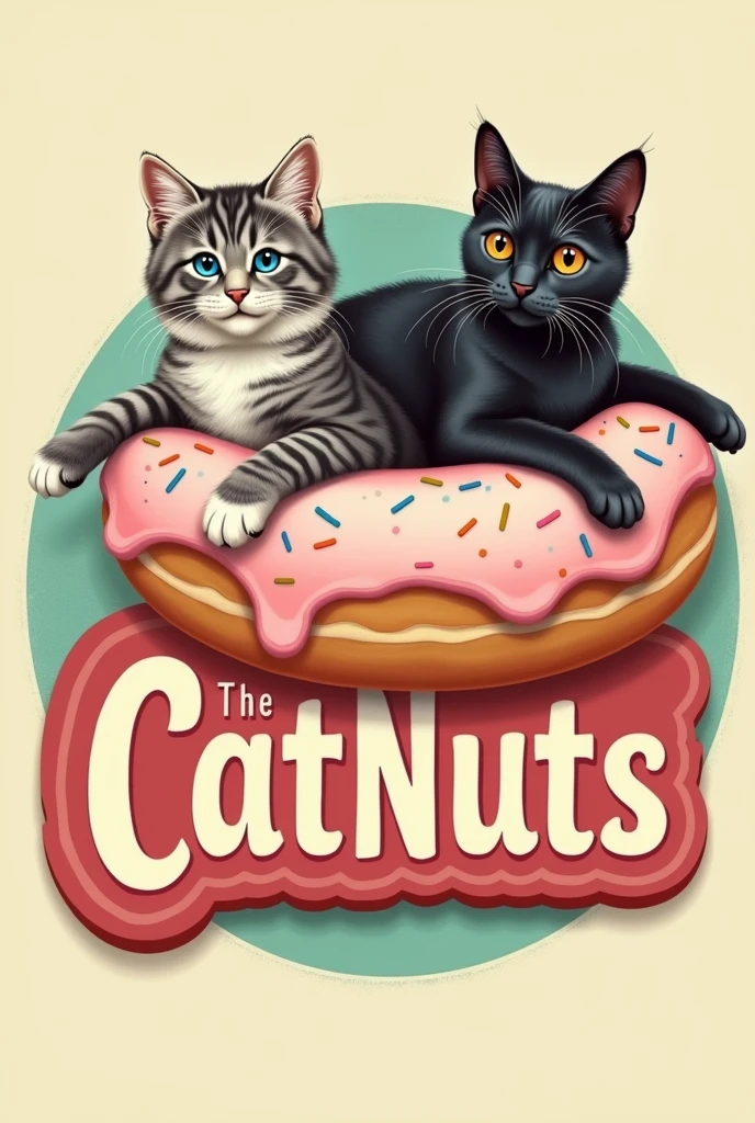 
Create a vintage logo with the name CatNuts below a donut and a gray and white angora cat and another dark gray cat with black lines on top of the vintage donut 