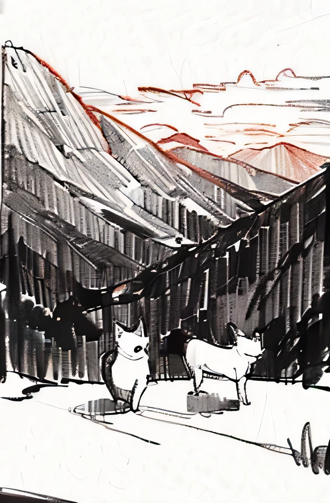 Black and white pencil sketch of mountains and valleys during a sunset, woodland animals living peacefully