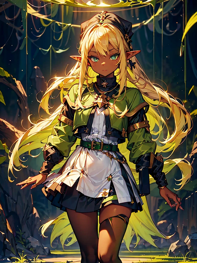 Black background with spotlight,　whole body. (Elf Girl:1.3)((Dark Skin:1.5,Golden eyes:1.4,Bright green hair:1.3,Gal Style,big ,)),, (Long blonde hair:1.2), (Bright green eyes:1.3), White jacket,Blue mini skirt