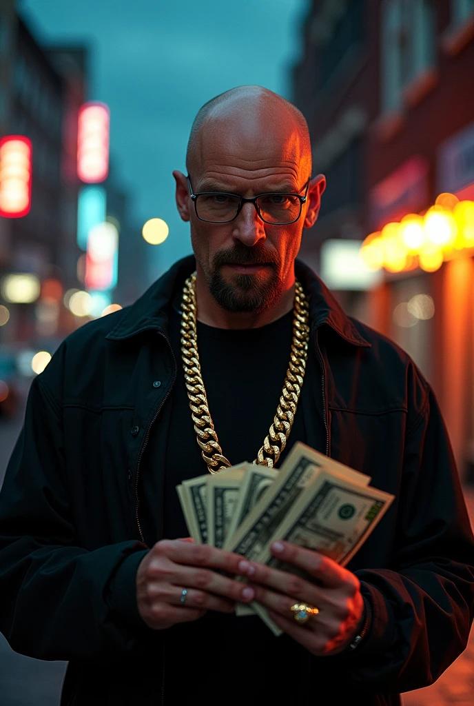 Walter White with diamond teeth, with gold chain on his neck and he's holding a stack of money