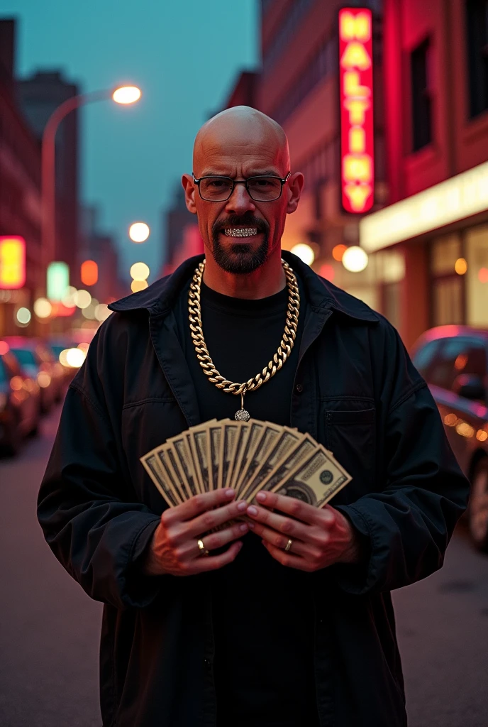 Walter White with diamond teeth, with gold chain on his neck and he's holding a stack of money
