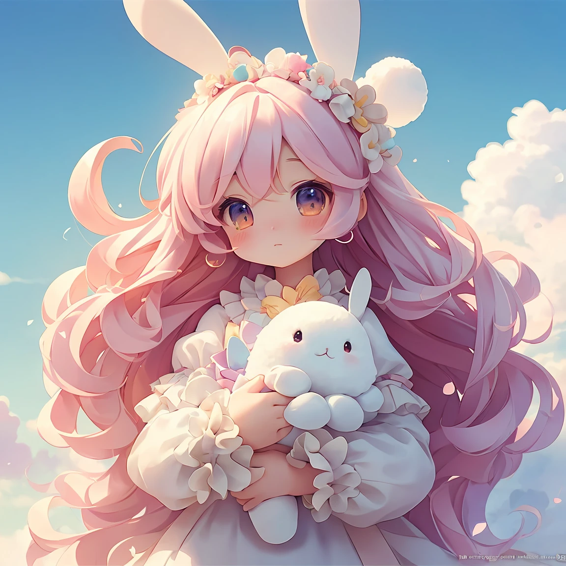 Bunny Morphing Girl, fluffy, soft ((Highest quality)), ( Very detailed, Best details, Official Art, Beauty and aesthetics: 1.2), Depth of the written border, composition, whole body, (a bit), (Beautiful and detailed: 1.3), (wonderful:1), Colorful clouds blurred background,One person,