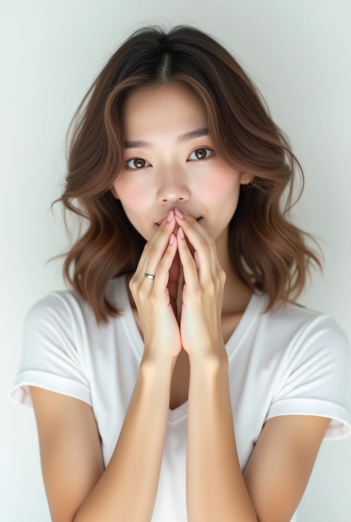 Asian, Beautiful, Slender, Cute, 30s, Beautiful Face, Beautiful Skin, Actress, Mature, Upper Body, Light Brown Hair, Fine Hair, Live Action, Masterpiece, Best Quality, Very Elaborate CG Unity 8K wallpaper, Ultra High Definition, Casual Fashion, Lighting, Summer Fashion, (Natural Brown Hair: 0.8), (Puffy Eyes), Look at Audience, Turn Around, Bleach Hair, Model pose, white background, delicate skin type, light curly hair, hands around mouth, white T-shirt, hair model photo