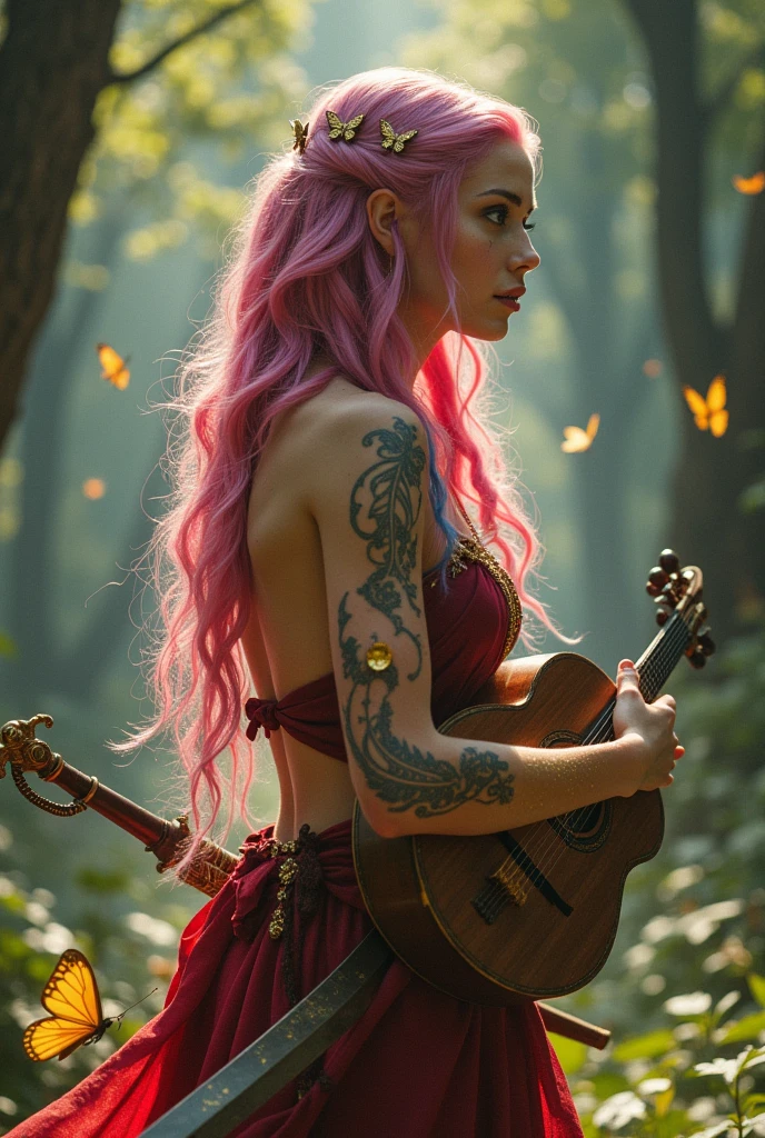 A very beautiful girl, Young and sexy with extremely pink hair with blue streaks. Her skin is white and delicate and has golden butterflies scattered that are like tattoos, besides her body being covered in a shiny golden powder, your eyes are silver, She is noble e possui vestes chiques e elegantes porém é uma aventureira filha de uma fada, She is noble, She is also a bard and loves music, She's always with her delicate lute, besides carrying her beautiful sword, Because she is a bard, she is always with her lute in hand and her beautiful sword sheathed.