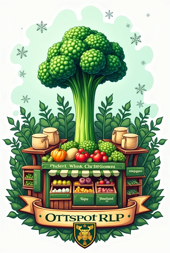 A logo for a shop called “OttspotRLP”. It should contain green tones, broccoli and a few white snowflakes. The Ottspot should be presented in the form of a marketplace with various stalls. The booths have 'OttspotRLP' on the signs. The coat of arms of the German state of Rhineland-Palatinate should be included. Fruit and flour are sold at the stalls