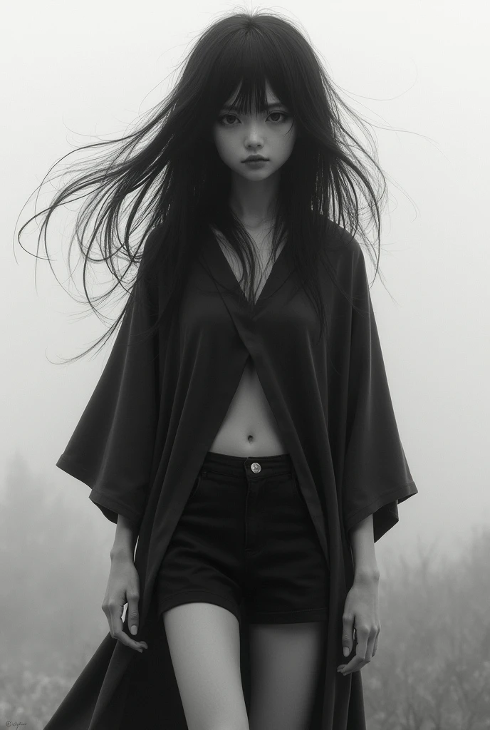 Long, messy hair2A girl from another dimension
Wearing a wide, horizontal outer garment that hides her hands
She's wearing a tie
Her pants are short, revealing her thighs
She's Japanese with white skin
Her expression is very sad
The image is black and white