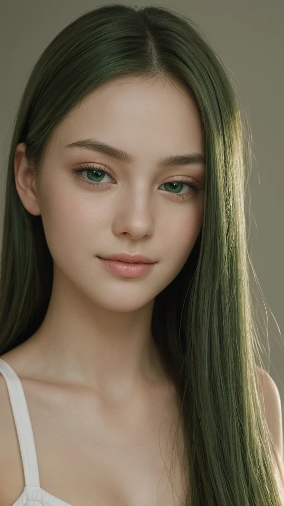 portrait of a girl. european. extremely detailed face. delicate features. oval face. long face. droopy. seductive. half-closed eyes. green eyes. long, straight, very thick hair. green hair. gentle smile