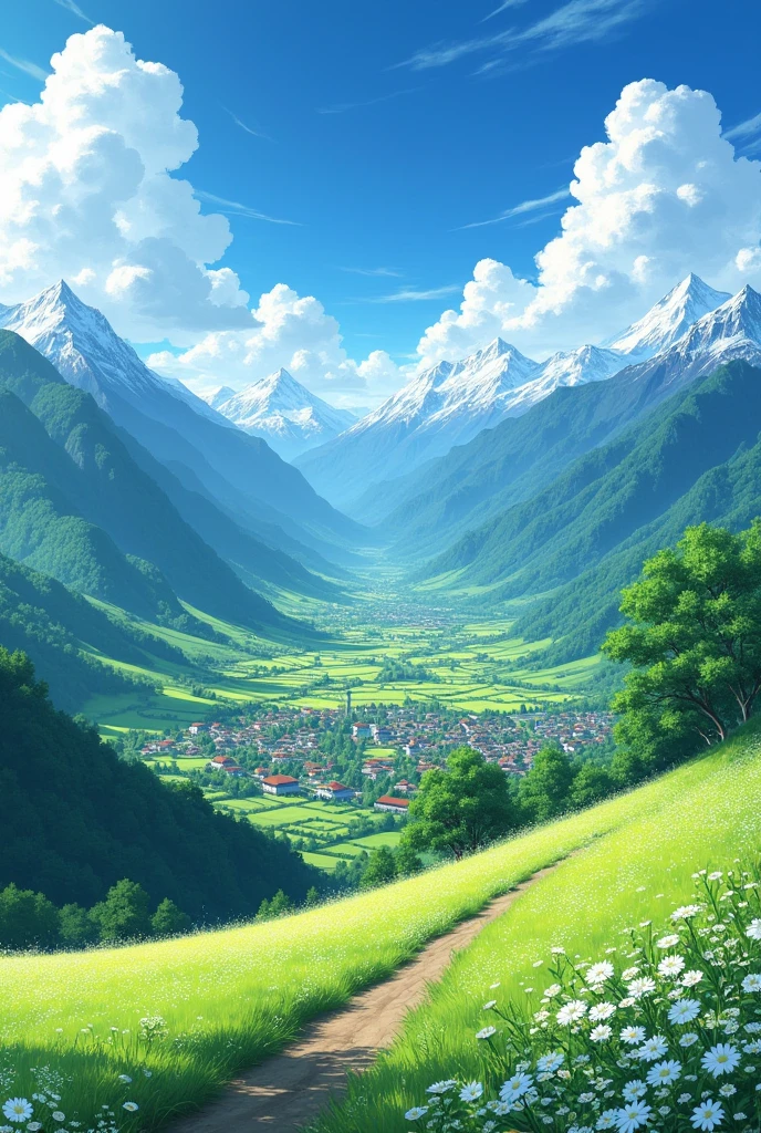 A breathtaking view of a vast, verdant valley, a picturesque village nestled amidst rolling hills and lush farmlands. Towering mountains capped with snow pierce the sky, their slopes painted with vibrant hues of green. A winding path through a field of white wildflowers leads the eye towards the village, bathed in the warm glow of the sun. Anime style, highly detailed, vibrant, serene
