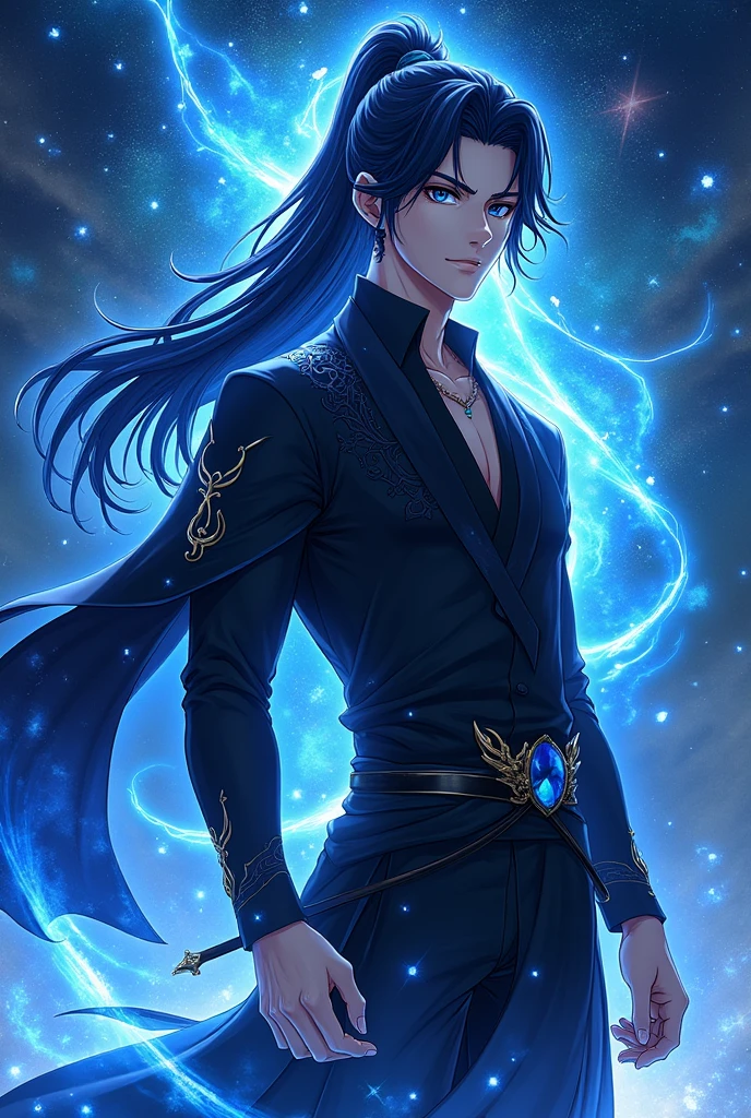 Please generate a Novel cover for me, with a MALE human character warrior style with black hair and a COBALT BLUE streak at the end of the hair and cobalt blue eyes, with a blue aura emanating from his body, wearing black clothes in Japanese ANIME style, with a starry sky and the novel's name written on the image (The Eminent Divine Spirit). Don't forget the WORK NAME (THE EMINENT DIVINE SPIRIT)