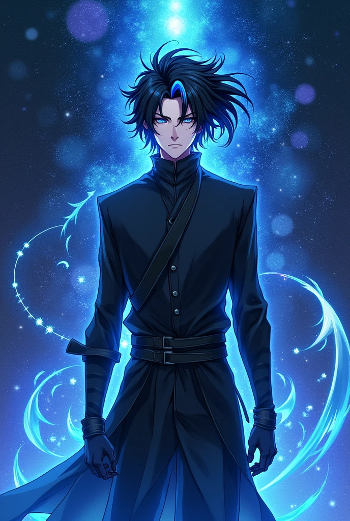 Please generate a Novel cover for me, with a MALE human character warrior style with black hair and a COBALT BLUE streak at the end of the hair and cobalt blue eyes, with a blue aura emanating from his body, wearing black clothes in Japanese ANIME style, with a starry sky and the novel's name written on the image (The Eminent Divine Spirit). Don't forget the WORK NAME (THE EMINENT DIVINE SPIRIT)