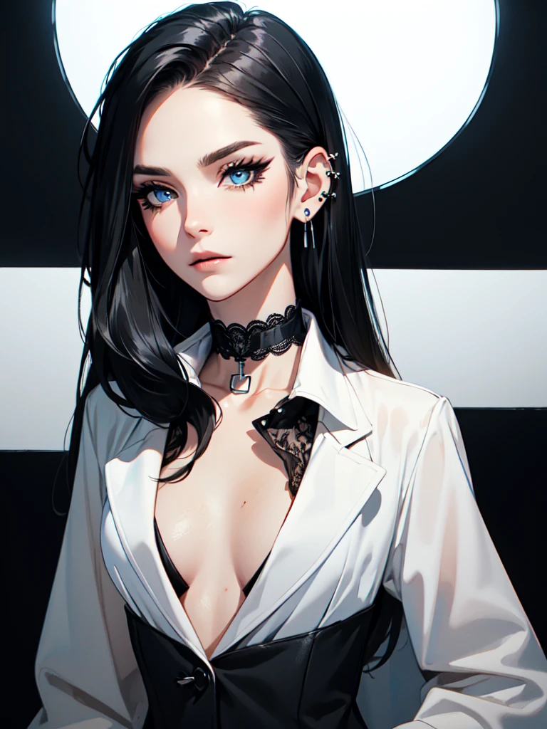 emo_hairstyle, ((tight black suit)), (black lace blazer), black tie, ((long hair)), ((straight hair)), (((black hair))), side swept bangs, white skin, pale, white, (blue eyes), tired expression, choker, ((dark makeup, mascara, eyeshadow)), multiple piercings, best quality, 8k, dark laboratory, dim lighting, white shirt, erotic
