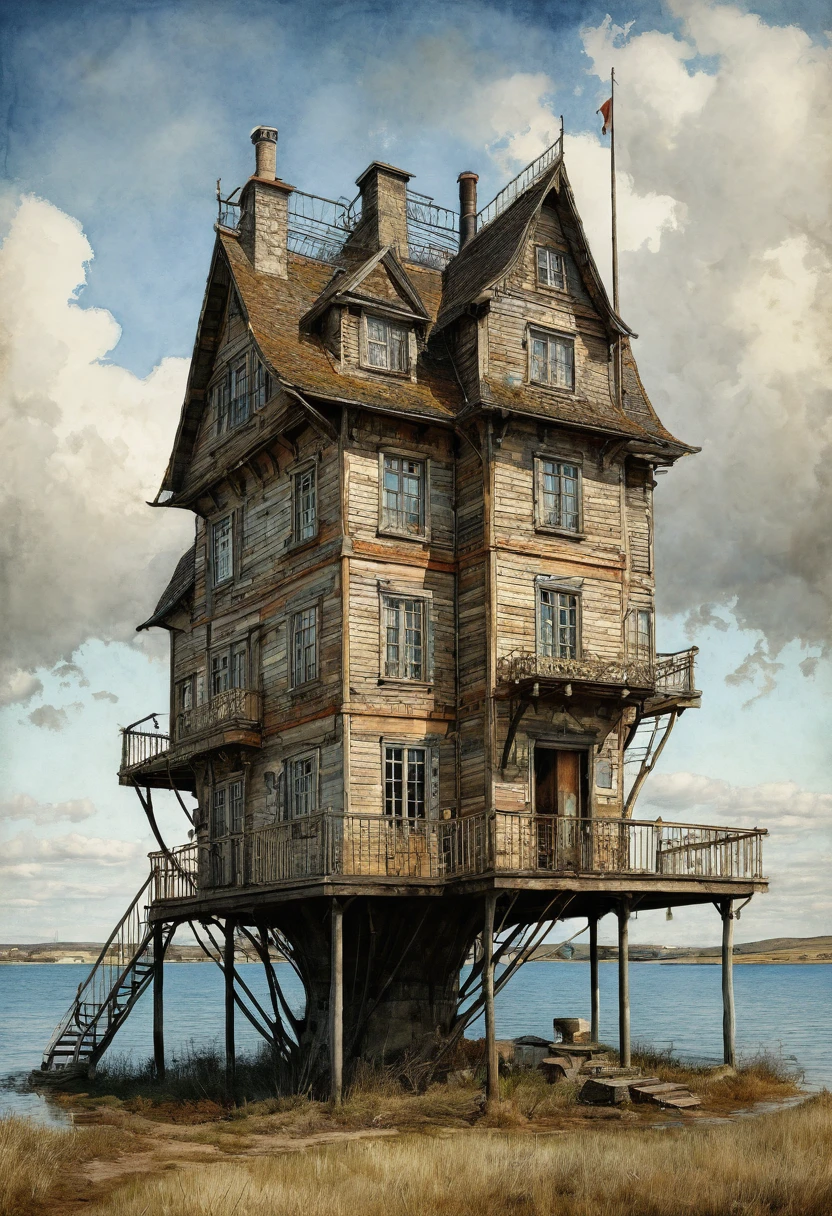 A captivating, award-winning 4K 3D high-definition image of a unique building designed to resemble a man's head. The intricate anddetailed plumbing system visible on the structure is a marvel of architectural ingenuity. The artwork pays homage to a diverse range of artists, including Jamie Heiden, Peter Doig, Renoir, Pol Ledent, Endre Penovac, Gustave Loiseau, Arthur Rackham, Doug Chinnery, and Maud Lewis. The scene is rendered in a beautiful watercolor and ink style, showcasing an incredible view that blends reality and fantasy.