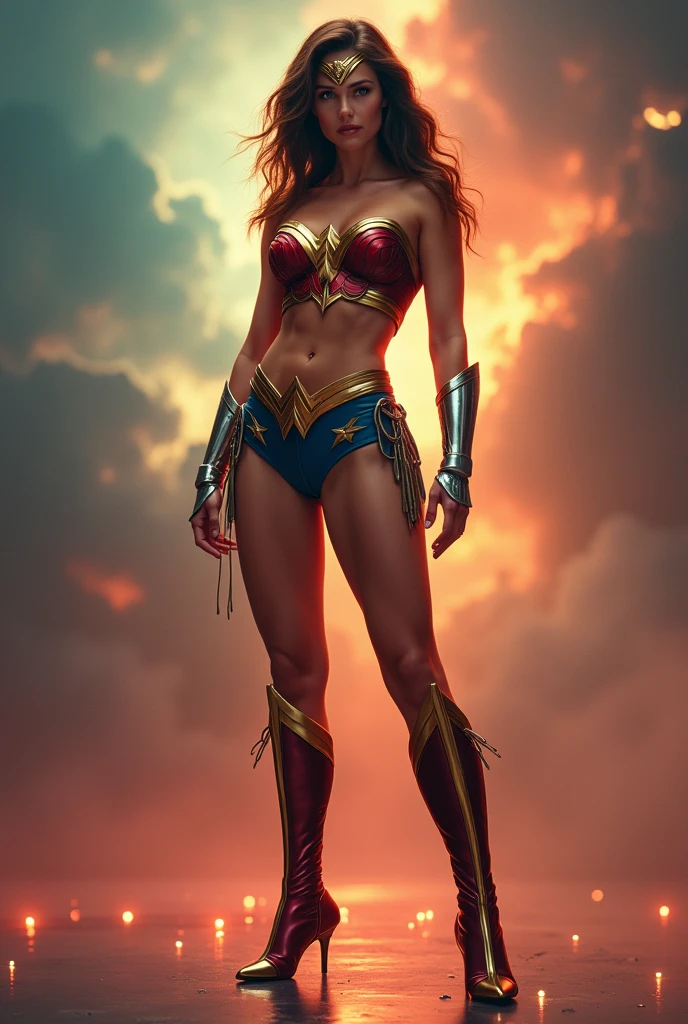 8k quality resolution 
Realistic
Wonder women 
Barely any clothes 
Half boobs exposed
Swduction
Armpit show
Thick thighs 
Cleavage ,navel 
Lower abdomen exposed 
Heels golden