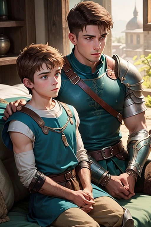 Photo-realistic. A pleased, **-****-***, handsome, muscular Caucasian man with fade-cut, brown hair, and blue eyes, wearing shabby, sleeveless, leather armor, with metal shoulder guards, boasting, as he tells a dramatic story to a **-****-***, lean, Caucasian peasant man, with short, brown hair, and blue eyes, in a blue and green tunic, listening in wonder, sitting next to each other on a simple bed, in a rustic inn room, at night.