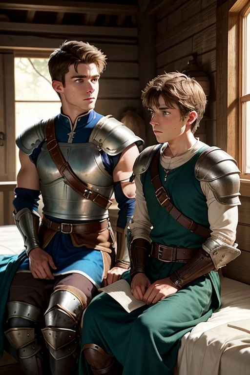Photo-realistic. A pleased, 16-year-old, handsome, muscular Caucasian man with fade-cut, brown hair, and blue eyes, wearing shabby, sleeveless, leather armor, with metal shoulder guards, boasting, as he tells a dramatic story to a 15-year-old, lean, Caucasian peasant man, with short, brown hair, and blue eyes, in a blue and green tunic, listening in wonder, sitting next to each other on a simple bed, in a rustic inn room, at night.