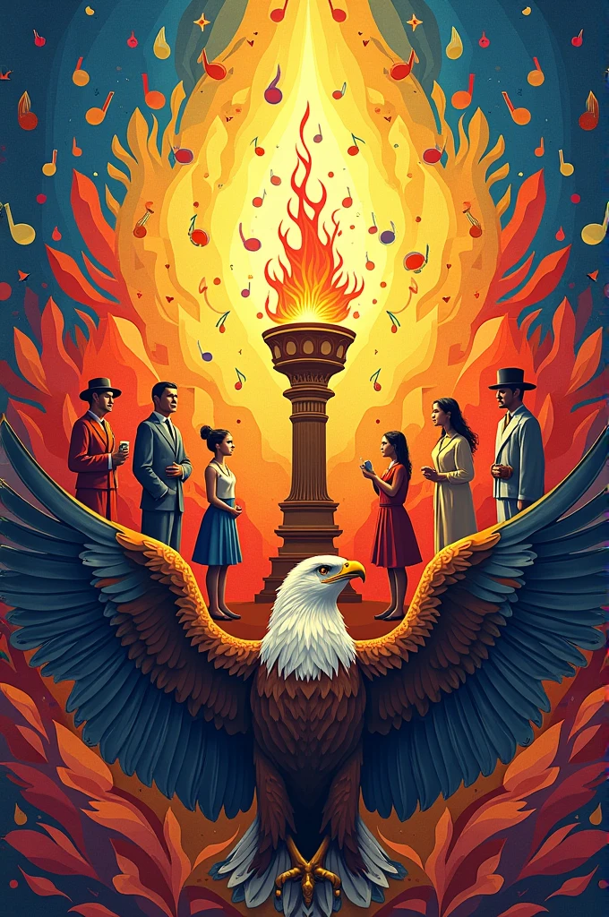 a poster of a Philippine eagle in the bottom with the color of the Philippine flag, a torch in the middle of the canvas with a singing note surrounding the torch, Manuel L Quezon and Jose Rizal with their respective baro't saya with a girl in a filipiñana and a male and female traditional clothing and have a background of every cultural clothing and event