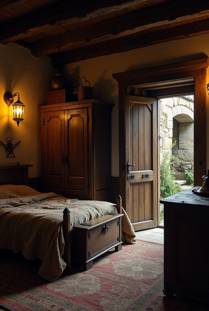 A room in an old tavern with a bed, a wardrobe, a chest, and a wooden entrance door.